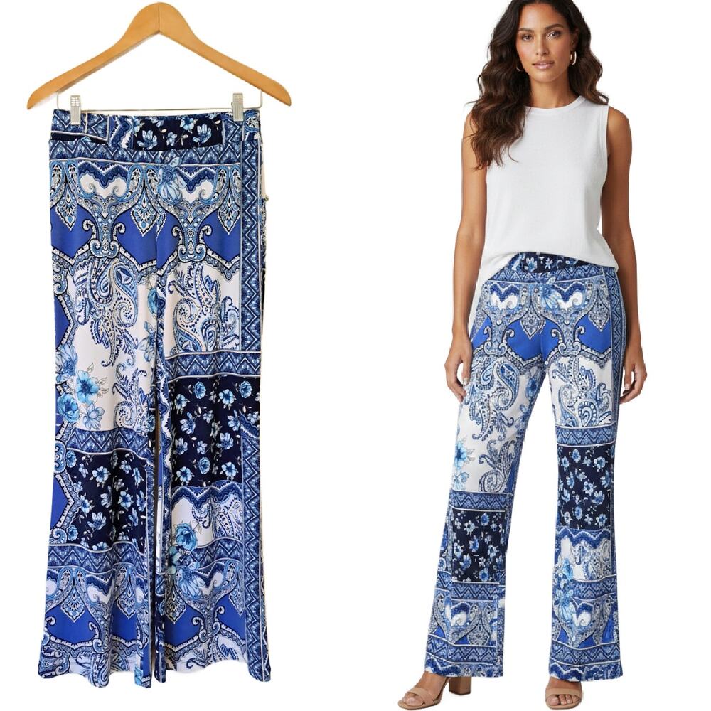 BOSTON PROPER Blue Floral Jersey Artisan Paisley Palazzo Pants Wide Leg  XS